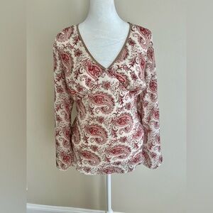 Boho V Neck Red Tan Paisley Casual Long Sleeve Blouse Size 12 Jonathan Martin